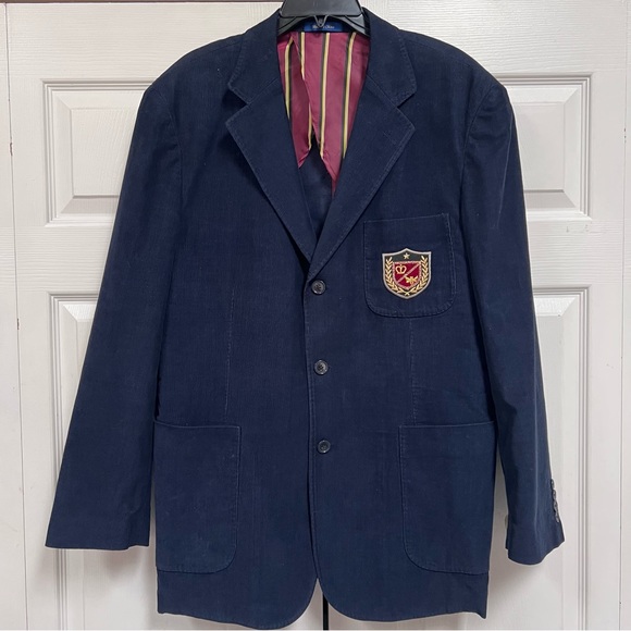 T Harris London Mens Jacket Size Large Corduroy Navy Blue with Emblem - Picture 9 of 12